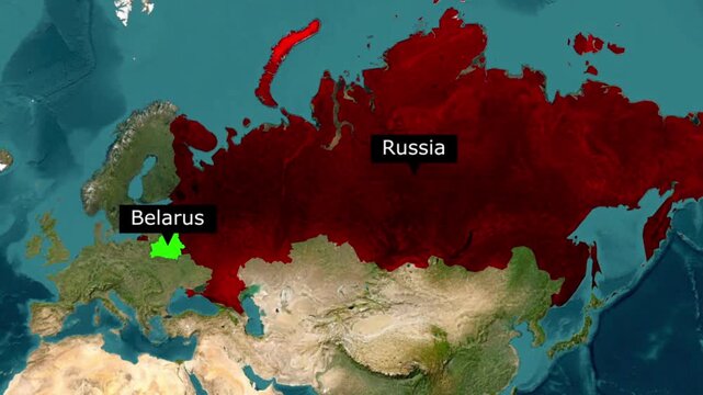 Map of eastern europe highlighting russia in red and belarus in green with geographic labels