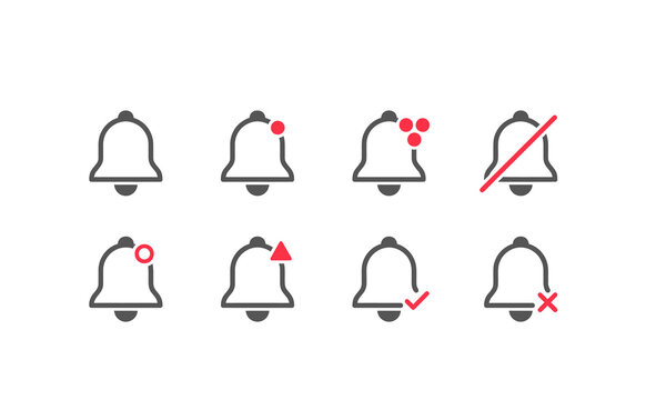 Minimalist notification bell icons with red status indicators on white