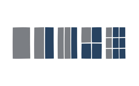 Minimalist grid sequence of blue and grey rectangles on white