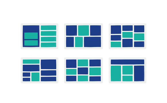 Minimalist website layout wireframes with teal and blue grid blocks