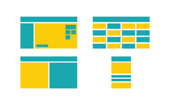 Minimalist website wireframe layouts in teal and yellow flat vector style