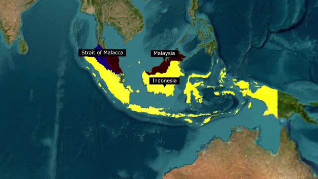 Geopolitical map highlighting indonesia and malaysia along the strait of malacca with geopolitical