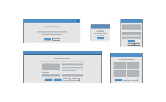 Clean wireframe window mockups with blue headers and interface layouts