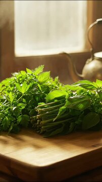 Fresh basil and parsley herbs resting on wooden cutting board in rustic kitchen video clip