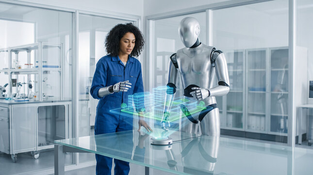 Diverse female engineer and a humanoid robot analyzing a glowing holographic blueprint together