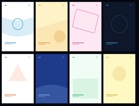 Minimalist mobile app screen layout vectors, 8 geometric story template set, colorful social media background wireframes, modern ui card covers