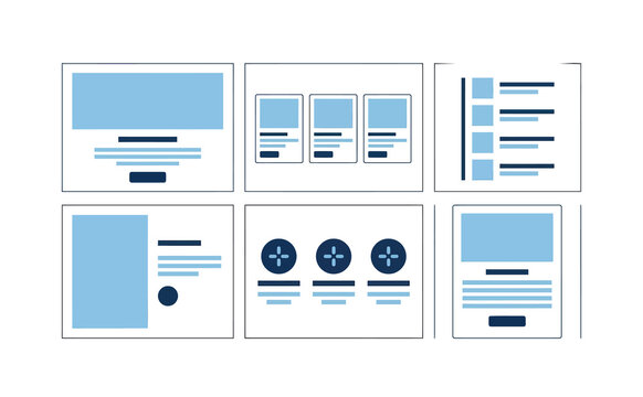 Professional website wireframe templates with blue layout structures