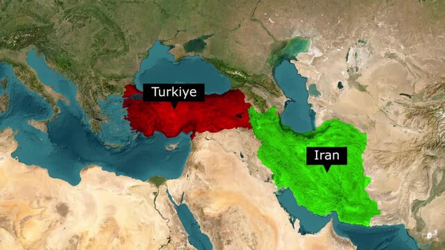 Map of the middle east highlighting turkiye in red and iran in green with location labels