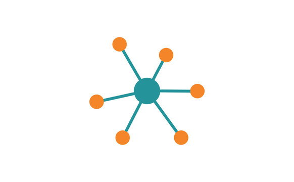 Teal and orange network node vector icon with branching connectivity lines