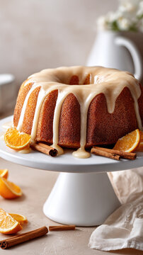 Rum bundt cake with glossy caramel glaze, golden-brown crumb, fresh orange segments and cinnamon sticks on a white stand-festive homemade dessert perfect for celebrations