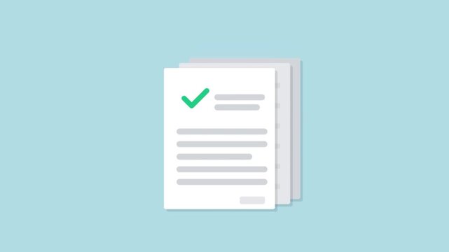 Flat vector illustration of a stack of completed documents with a green check mark representing success and verification