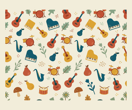 Musical Instrument Seamless Pattern with Guitar, Piano, and Drum Vector Illustration