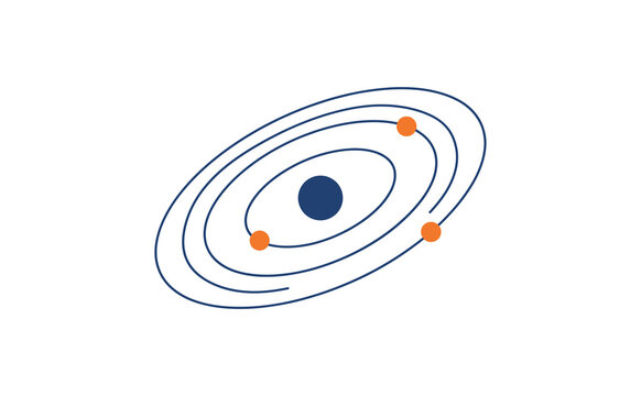 Minimalist planetary system icon with blue orbits and orange spheres
