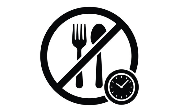 No eating sign with fork, spoon, and clock on white background