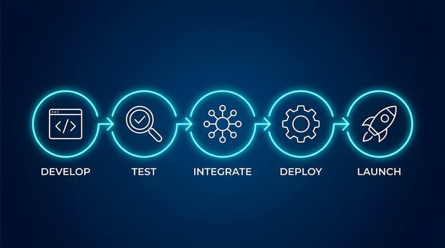 Software development lifecycle process with neon icons for develop, test, integrate, deploy and launch