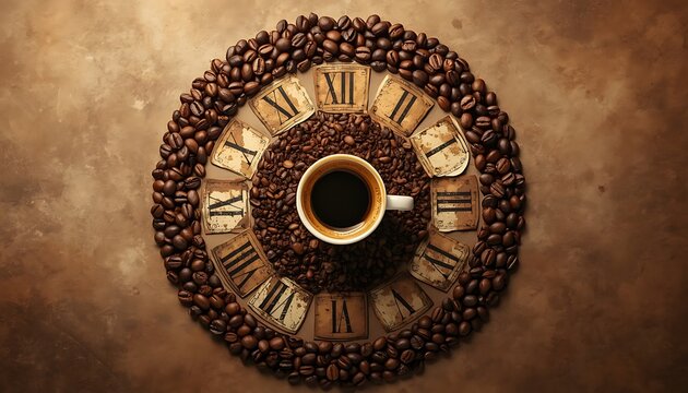 Cup of coffee placed in the center of an antique clock made of roasted coffee beans for national coffee day with clock face