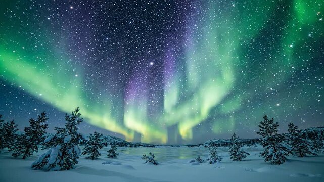 Stunning Aurora Borealis Over Snowy Landscape Under a Starry Night Sky