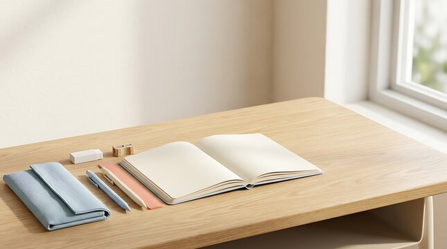 Open notebook with blank pages, pencil case, pens, and eraser on a wooden desk in a brightly lit classroom interior near a window