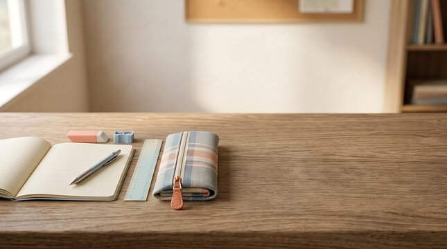 Open notebook with blank pages, pencil case, ruler, and eraser on a wooden desk in a brightly lit classroom interior near a window