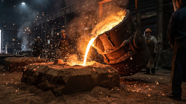 Steel mill workers pouring glowing molten metal from a large crucible into a mold with flying sparks in a dark industrial foundry