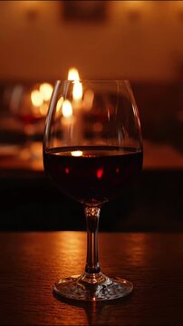 Red wine glass standing on wooden table in warm candlelight restaurant environment video footage