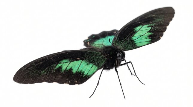 Brooke&rsquo;s birdwing butterfly displaying striking green and black wings against a clean white background.