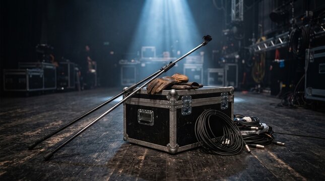 Backstage concert equipment with flight case, microphone stands, cables, and work gloves under spotlight illumination
