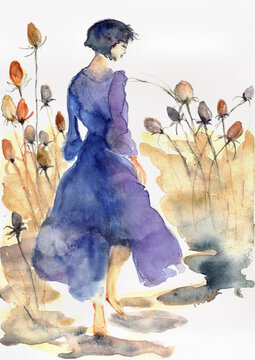 Woman Walking Through a Poetic Botanical Garden, Expressive Hand-Painted Watercolor
