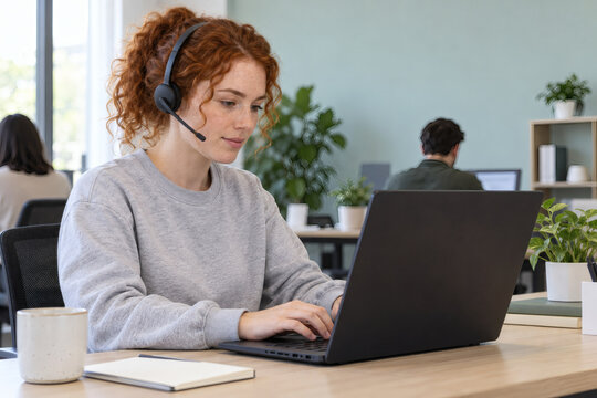 Online store customer service agent with a headset answering holiday order chats on a laptop