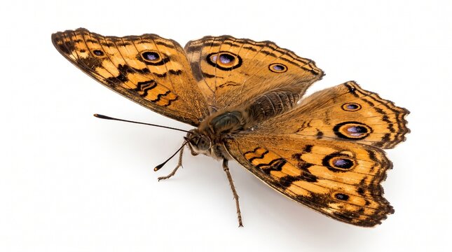 Lemon pansy butterfly showing yellowish-brown patterned wings captured from a high angle on white.