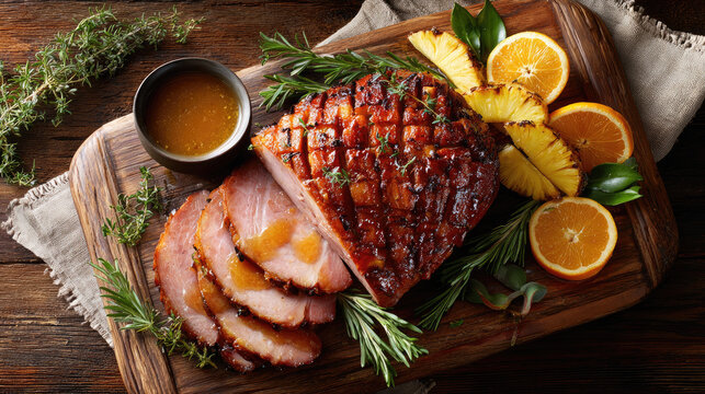 Baked ham carving, glazed with rosemary and pineapple, serving festive christmas dinner, holiday celebration meal on a decorated table with candles and pine