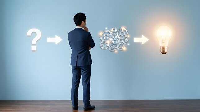 Businessman thinking about a problem solving process leading to a bright idea light bulb