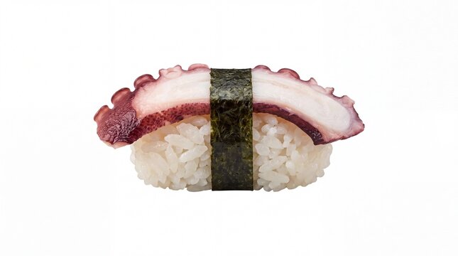 Delicious Octopus Nigiri Sushi with Fresh Sliced Tako and Rice Wrapped in Nori Seaweed, Traditional Japanese Seafood Cuisine Isolated on White Background for Restaurant Menu and Healthy Eating