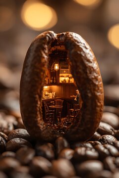 Macro close up of a single coffee bean with a miniature cozy cafe interior inside for national coffee day tiny house coffee shop