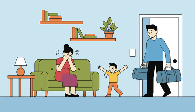 Melodramatic scene of a sad husband leaving the house with suitcases while his wife and child cry in the living room.