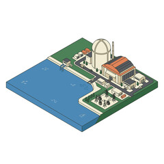 Obraz premium Dynamic Isometric of Nuclear Power Plant with Cooling Pond and Workers in Foreground with high quality professional line art symbols for modern creative design and digital branding projects