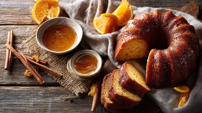 Rum cake presenting a delicious traditional bahamian dessert, a sweet bundt cake covered in powdered sugar, with spices, oranges, and rum syrup on a rustic wooden table