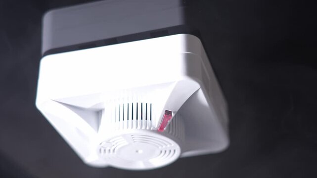 Ceiling-mounted smoke detector close-up. White plastic housing. Black top section. Visible ventilation grille. Circular base design. Used for smoke detection. Home safety monitoring footage
