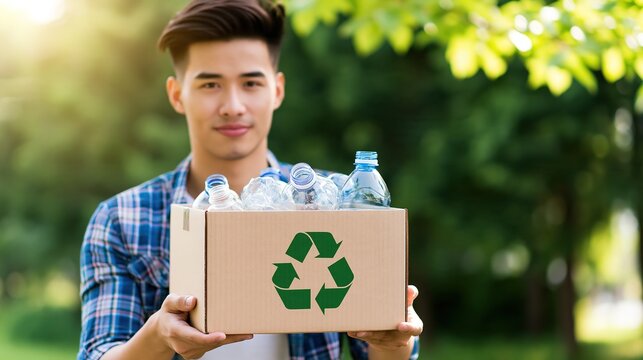 Man Holding Recycling Box Plastic Bottles, Environmental Recycling Concept