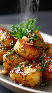 Steaming cuban yuca with aromatic mojo sauce, garnished with fresh herbs and chili flakes, offering a close-up view of this traditional savory caribbean dish