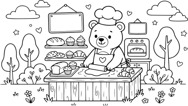 "Cute Bear Baker Baking Bread and Pastries in Forest Bakery Shop Outdoor Kitchen Coloring Page for Kids"