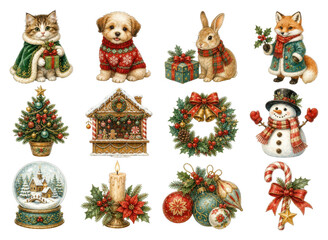 Obraz premium PNG Festive Christmas clipart set with cute animals and holiday decor