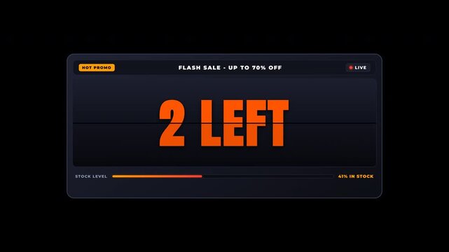 E-commerce flash sale stock countdown overlay with limited quantity alerts from five left to sold out isolated on transparent background for business marketing and promotion videos