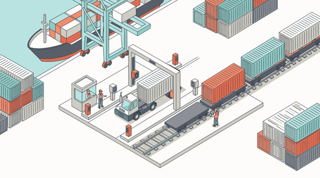Professional Isometric of Modern Container Port Operations with Workers Forklifts and Shipping Containers