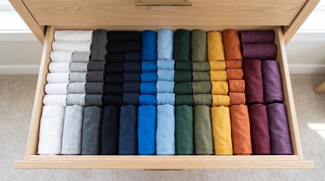 Neatly folded clothes organized by color in a wooden drawer, KonMari method