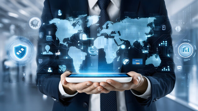 Business holding a digital banking interface with global financial network, secure online payment, fintech innovation, AI technology, mobile banking, cybersecurity and cashless transaction concept