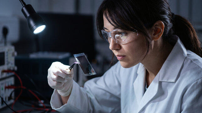 Female scientist inspecting flexible graphene film sample with tweezers under focused lamp in modern electronics and nanotechnology research laboratory
