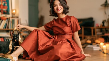 Obraz premium A young witch in a burgundy dress smiles playfully at her black cat in a cozy, candlelit living room. Warm Halloween decor and magical charm fill the autumn atmosphere.