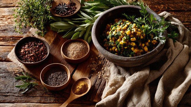 Jug jug, barbadian comfort stew of green pigeon peas, guinea corn and kale simmered with spices and herbs, served rustic on a wooden surface, hearty and plant-based