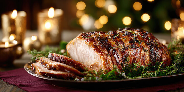 Pernil roast being carved, displaying succulent pork meat with crispy, golden skin, garnished with fresh rosemary and a vibrant citrus zest, prepared for a festive dinner celebration